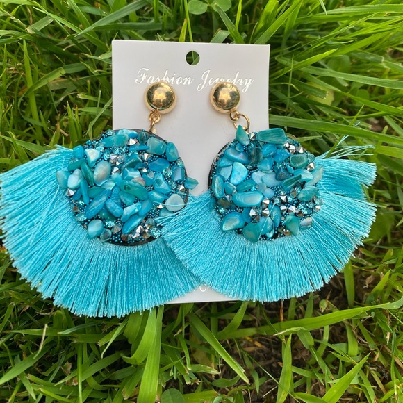 ‼️ Blue Teal Sky Blue Stone Diamond Fan Earrings - Picture 5 of 6